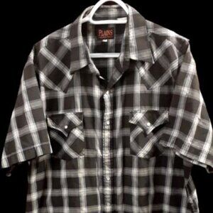 Plains Western Wear Pearl Snap, Short Sleeve, Black Plaid Western Shirt -Size XL